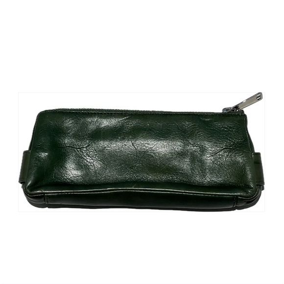 Banana Republic green leather clutch w/ silver buckle detail & exposed zipper. - Picture 2 of 4